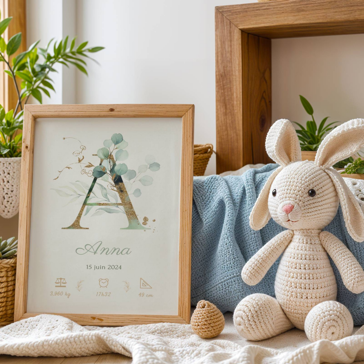 affiche bébé personnalisée initiale vert eucalyptus décoration murale chambre enfant