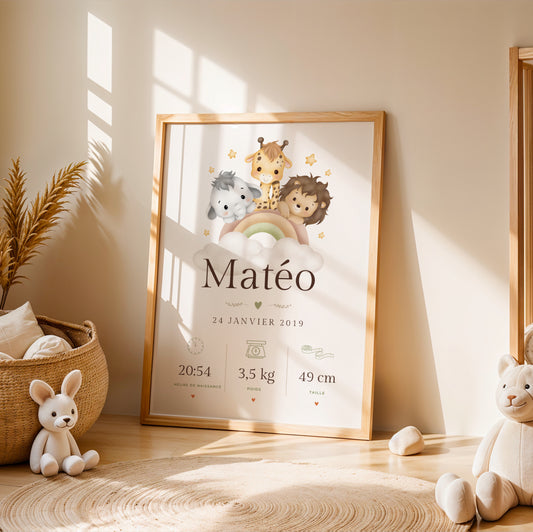 Affiche naissance savane personnalisée avec prénom, date, poids et taille bébé