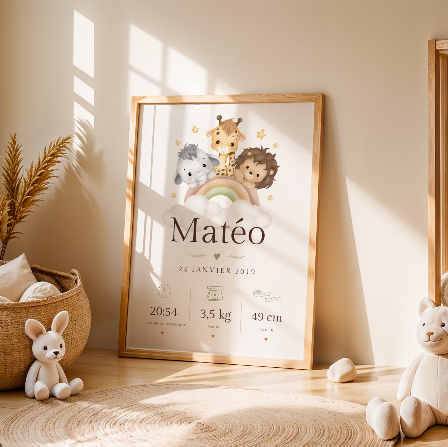 Affiche naissance savane personnalisée avec prénom, date, poids et taille bébé