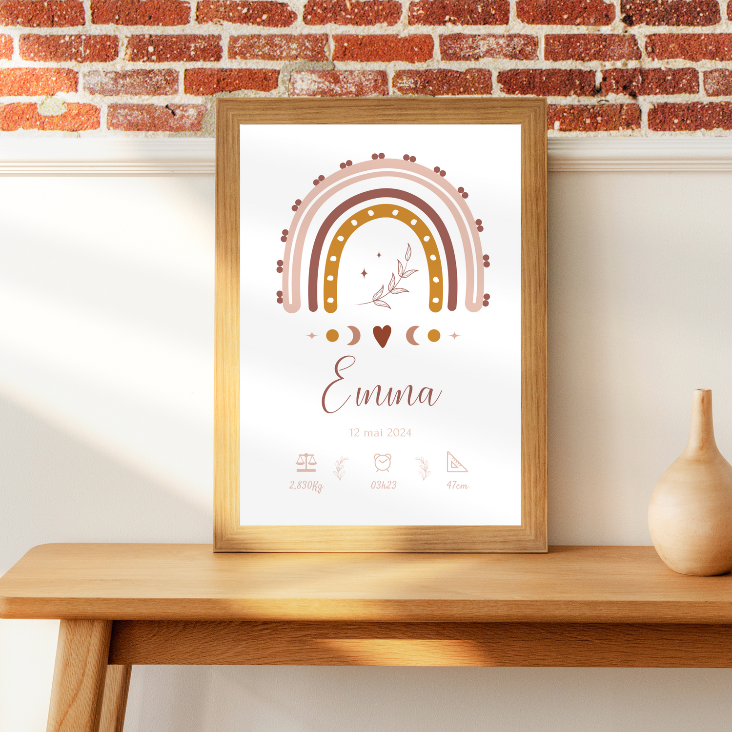 Affiche de naissance Arc-en-ciel boho personnalisée - poster bébé, heure, taille, poids -  Décoration chambre bébé - Cadeau naissance
