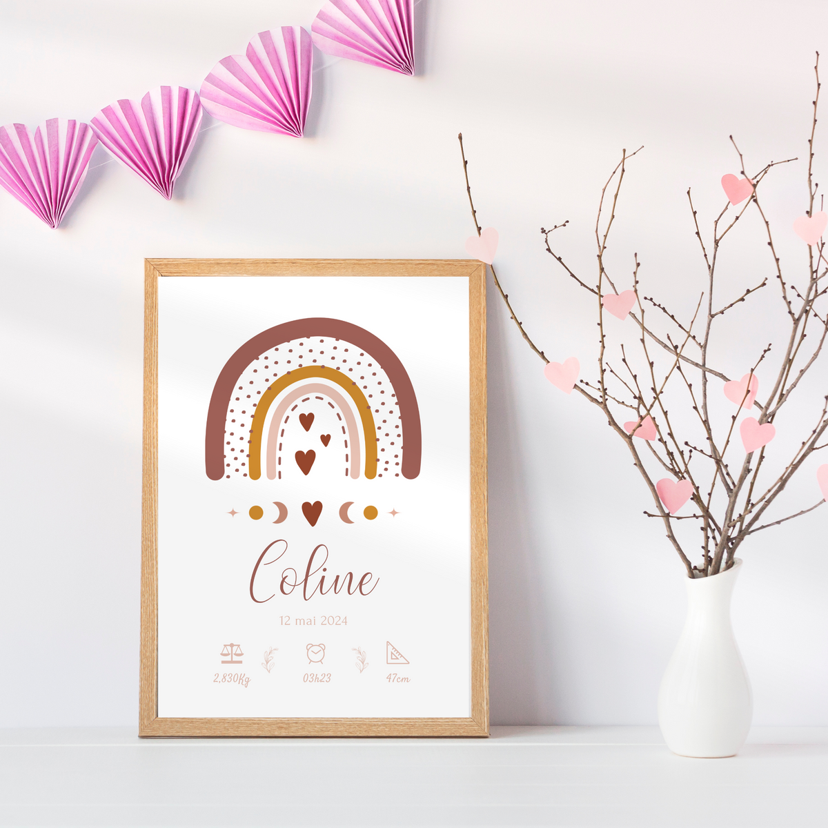 Affiche de naissance Arc-en-ciel boho personnalisée - poster bébé, heure, taille, poids -  Décoration chambre bébé - Cadeau naissance