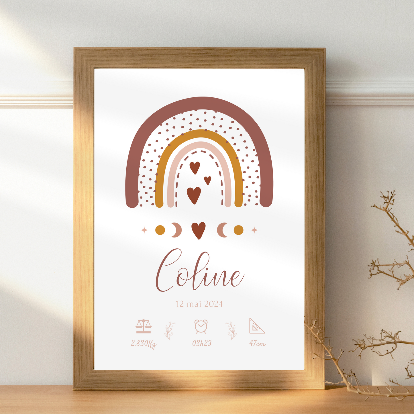 Affiche de naissance Arc-en-ciel boho personnalisée - poster bébé, heure, taille, poids -  Décoration chambre bébé - Cadeau naissance