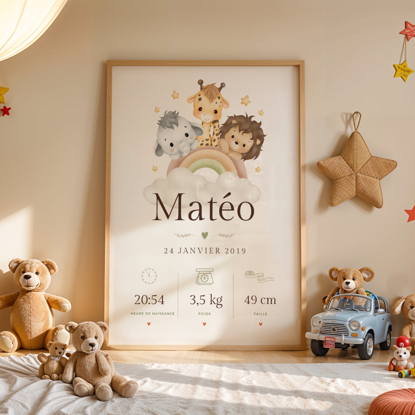 Affiche naissance savane encadrée dans une chambre bébé style doux et pastel