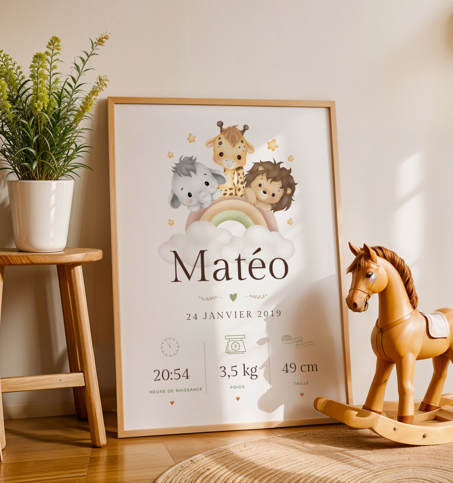 Exemple de rendu affiche naissance thème animaux savane avec prénom personnalisé