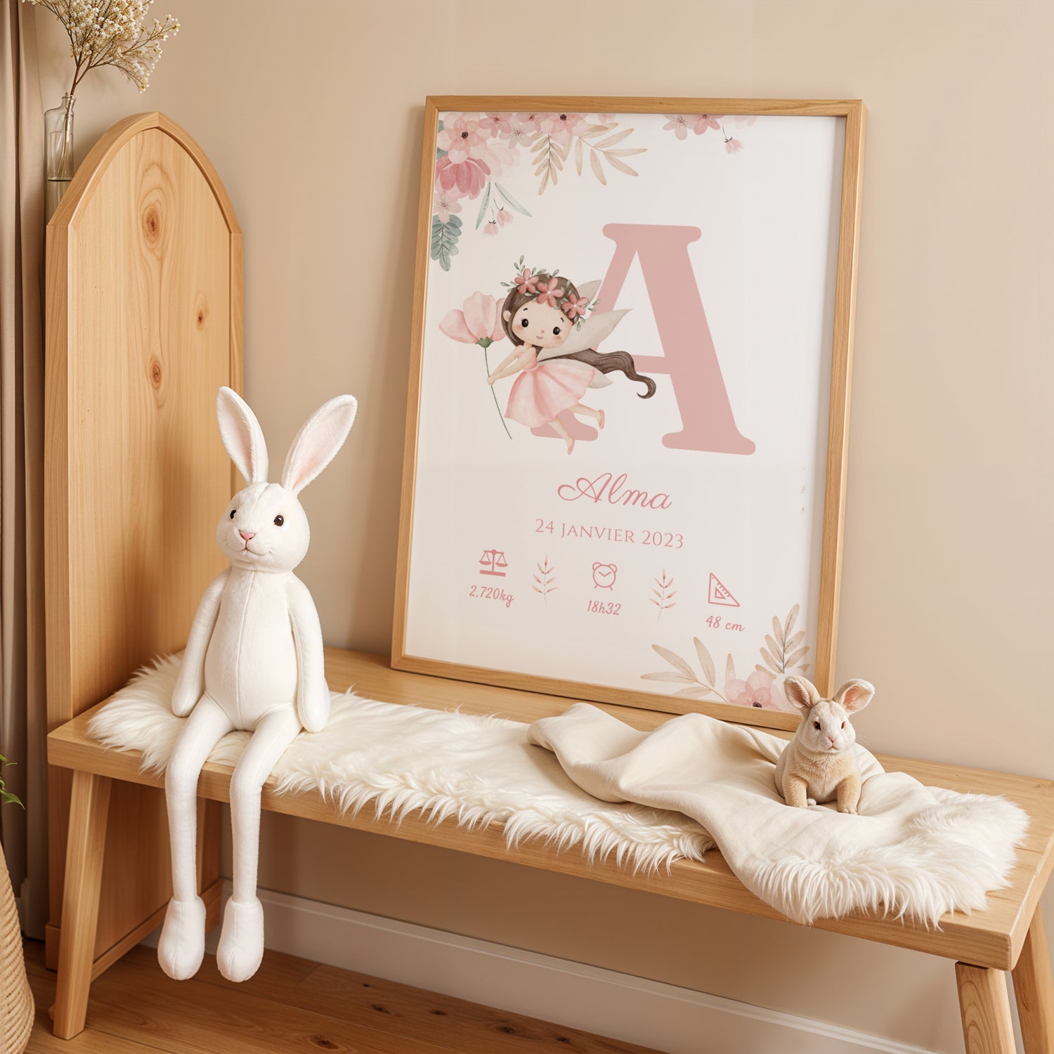 Affiche de naissance personnalisée fée aquarelle avec initiale, prénom, date et statistiques de naissance, décoration chambre bébé fille