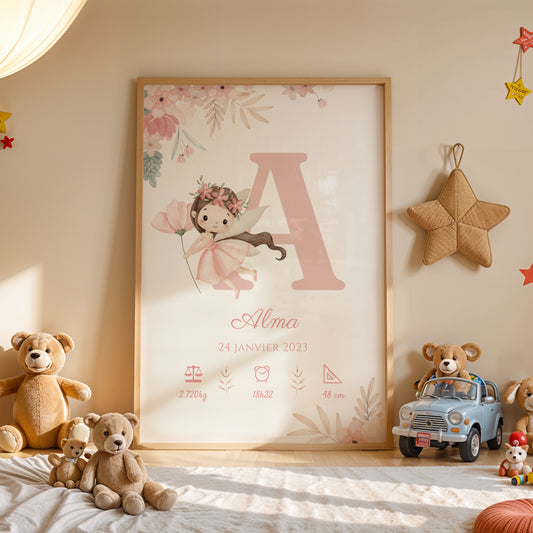 Poster fée personnalisé pour chambre de bébé fille avec initiale et prénom