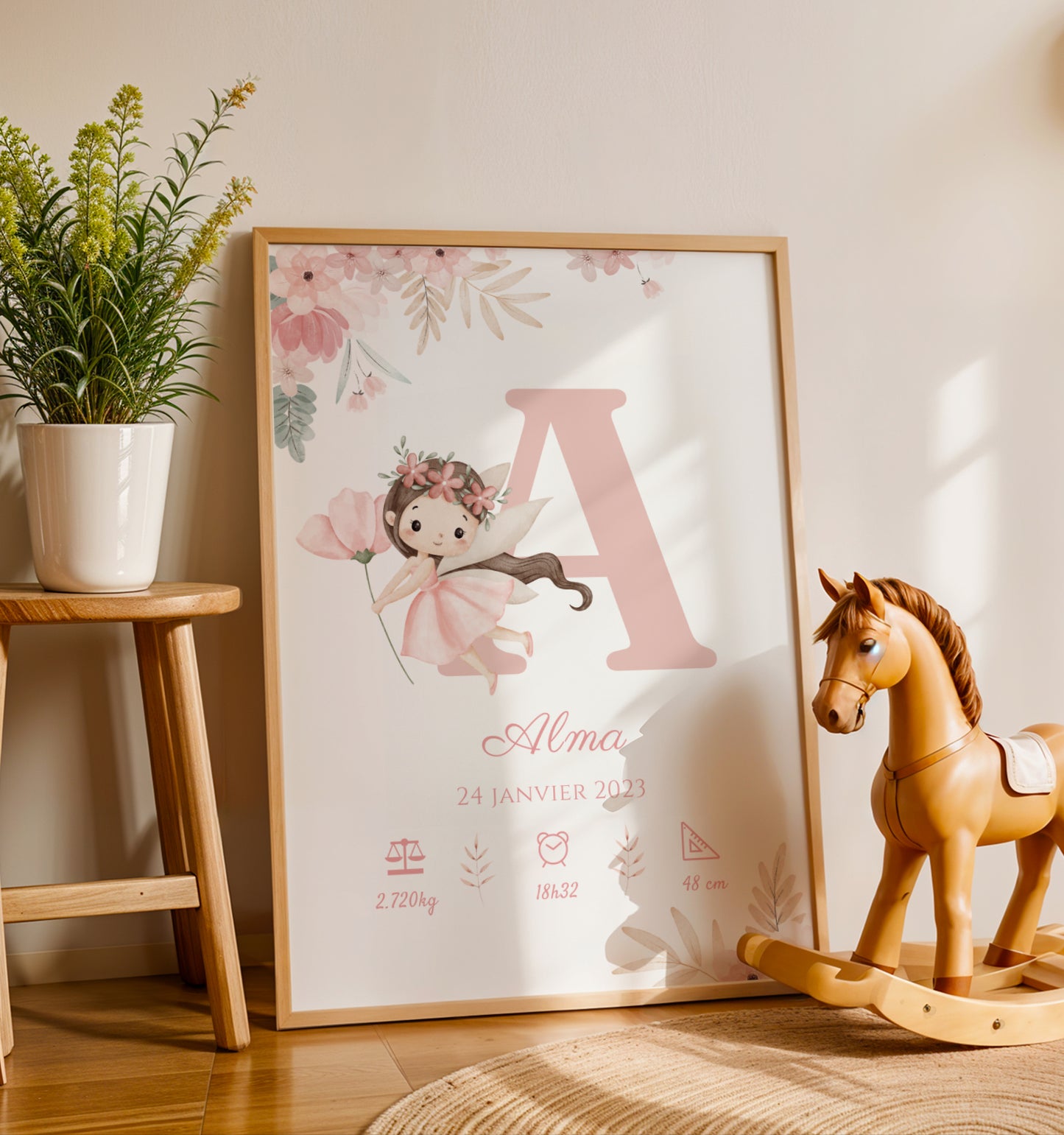Affiche naissance fée florale personnalisable, idée cadeau baby shower et baptême