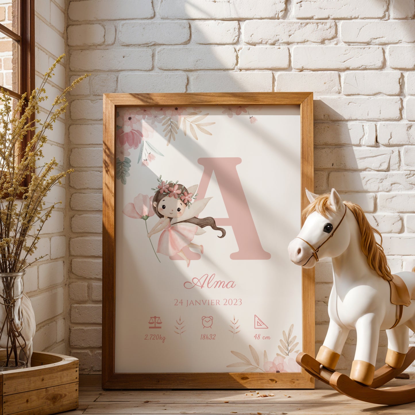 Cadeau naissance personnalisé affiche fée avec lettrine, prénom et poids de naissance