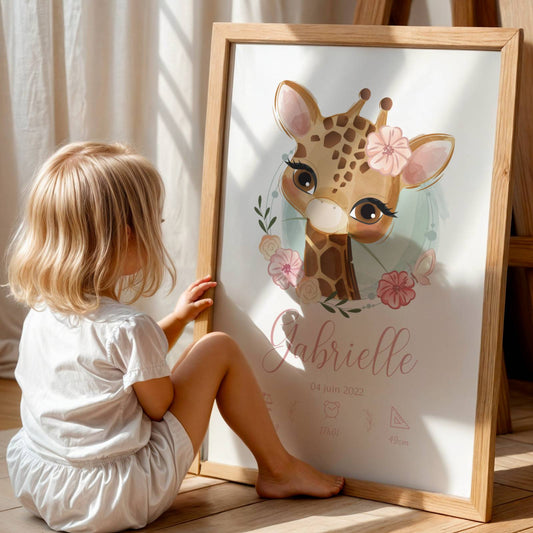 poster naissance bébé girafe personnalisé prénom date poids taille chambre enfant
