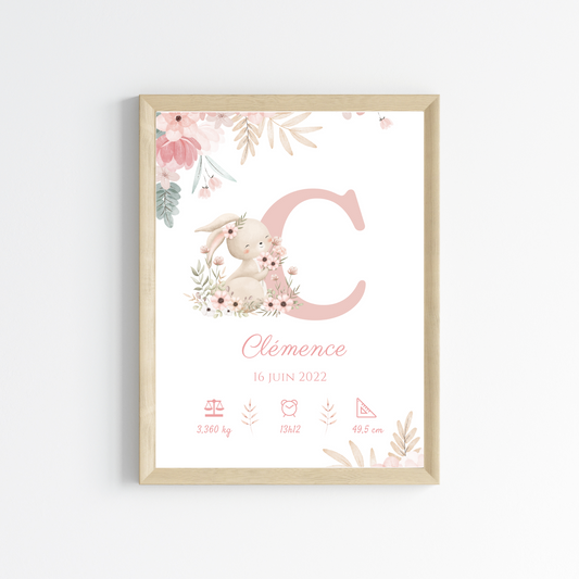 Affiche de naissance lapin - Cadeau de naissance personnalisé