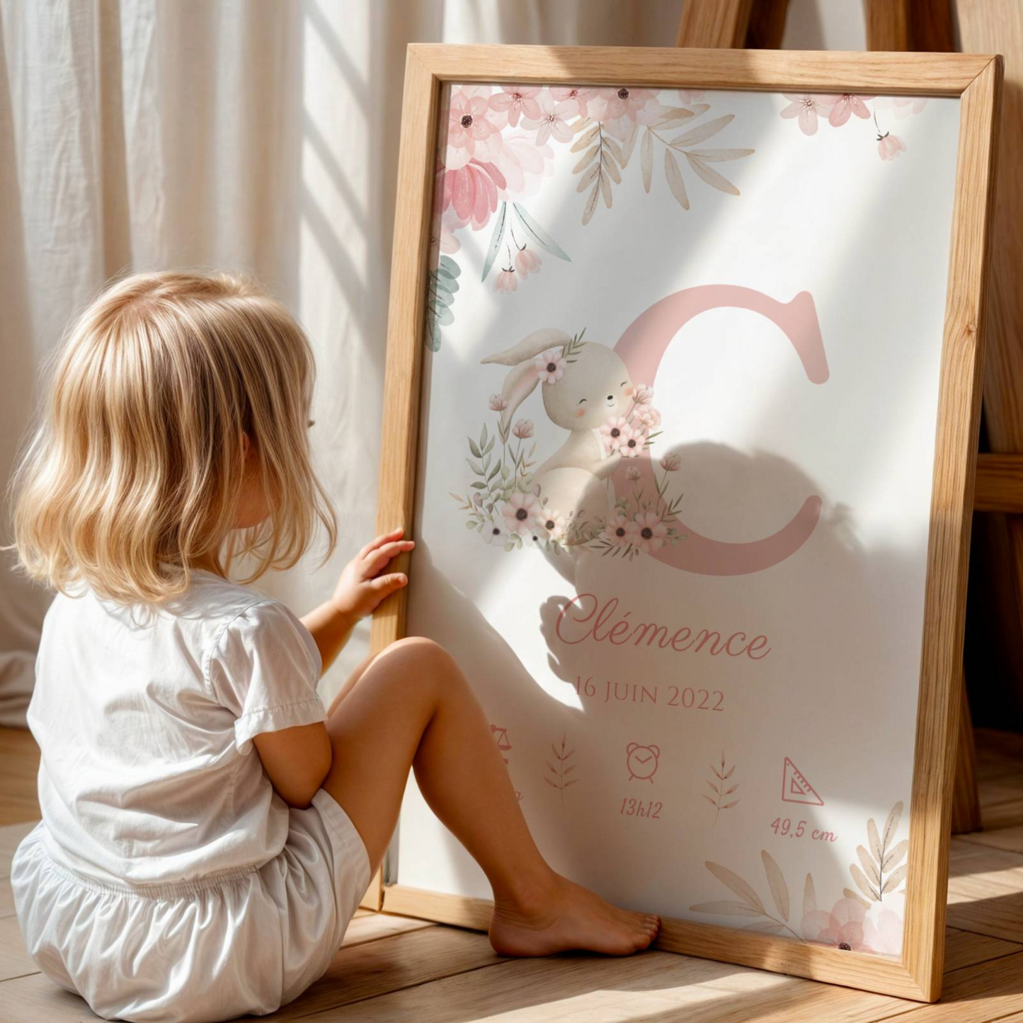 Affiche de naissance lapin - Cadeau de naissance personnalisé