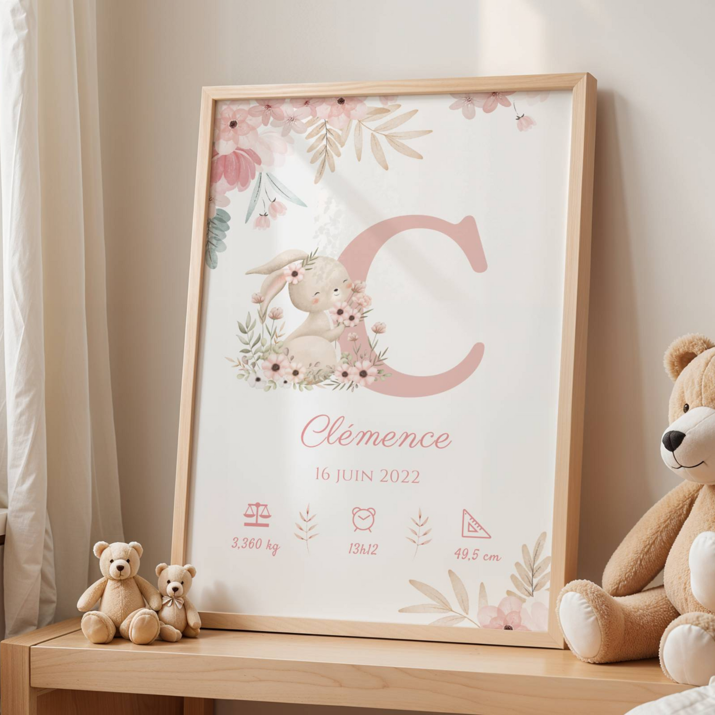 Affiche de naissance lapin - Cadeau de naissance personnalisé