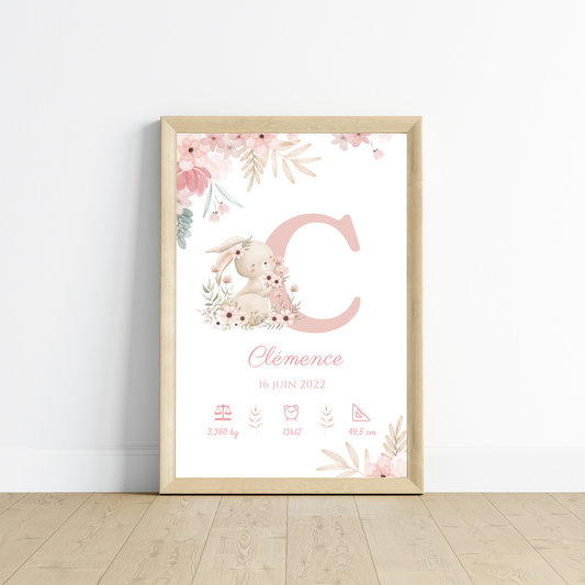 Affiche de naissance lapin - Cadeau de naissance personnalisé