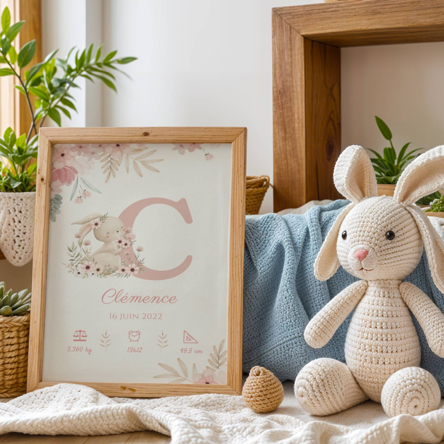 Affiche de naissance lapin - Cadeau de naissance personnalisé