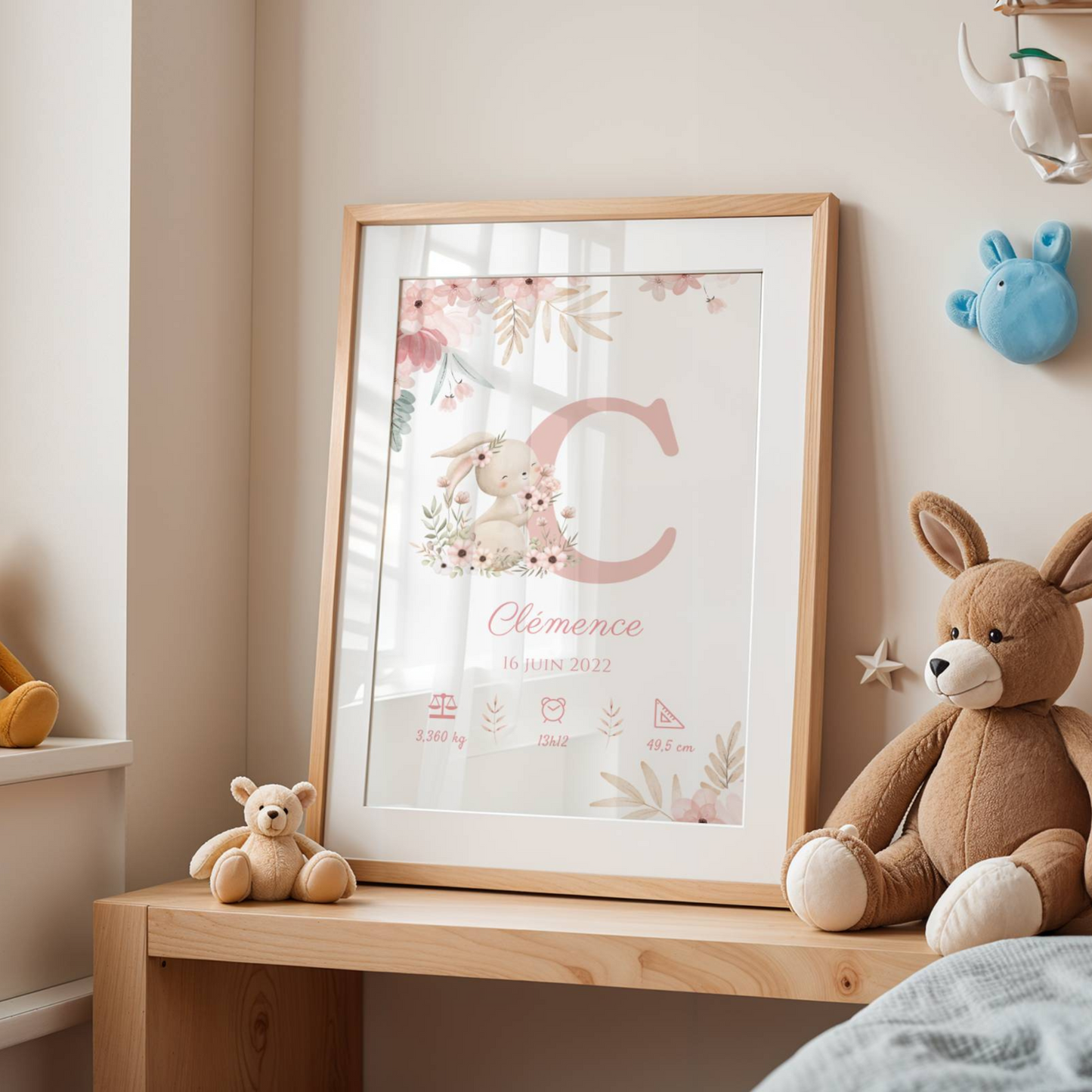 Affiche de naissance lapin - Cadeau de naissance personnalisé
