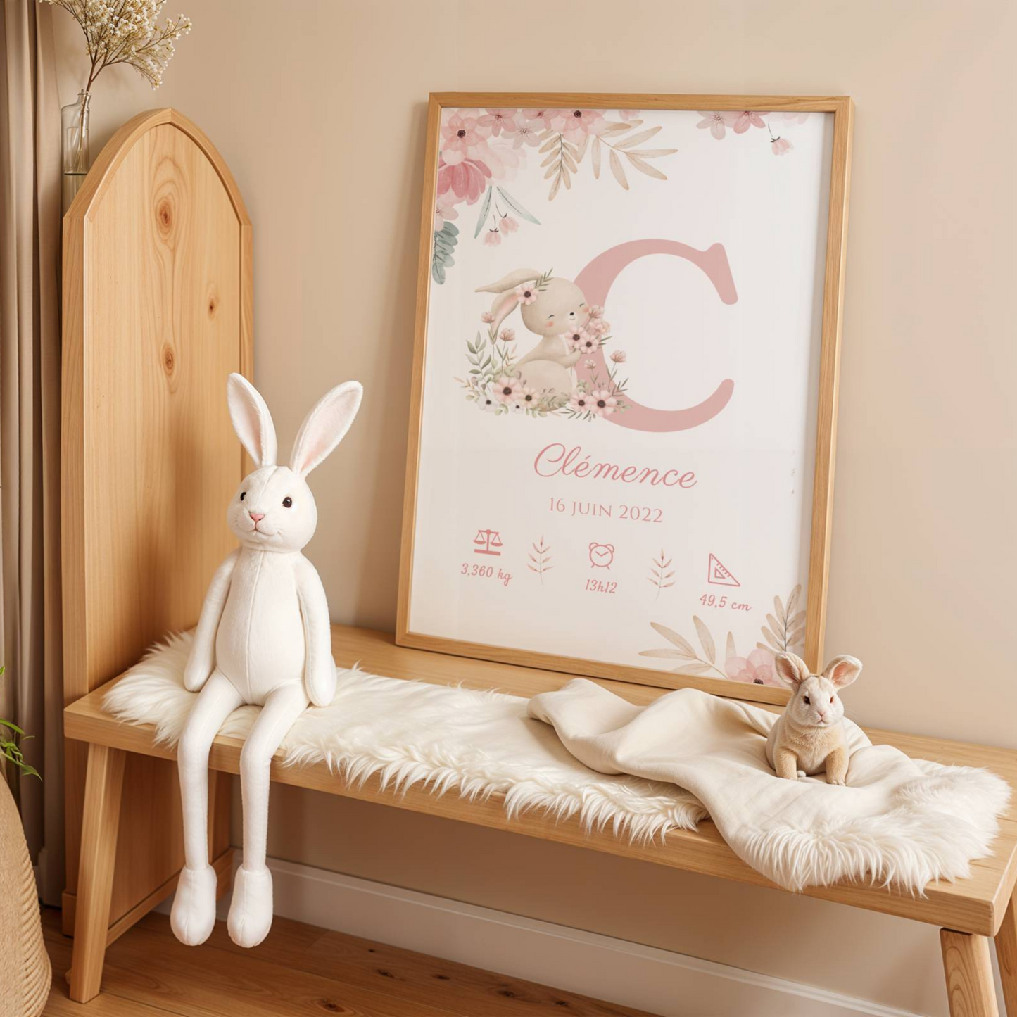 Affiche de naissance lapin - Cadeau de naissance personnalisé