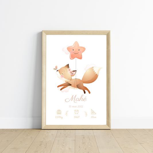 Affiche de naissance renard - Cadeau de naissance personnalisé
