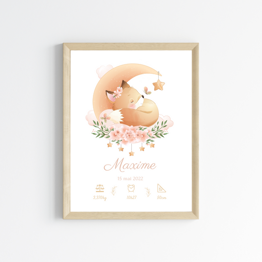 Affiche de naissance renard - Cadeau de naissance personnalisé