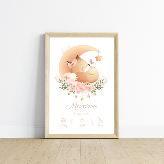 Affiche de naissance renard - Cadeau de naissance personnalisé