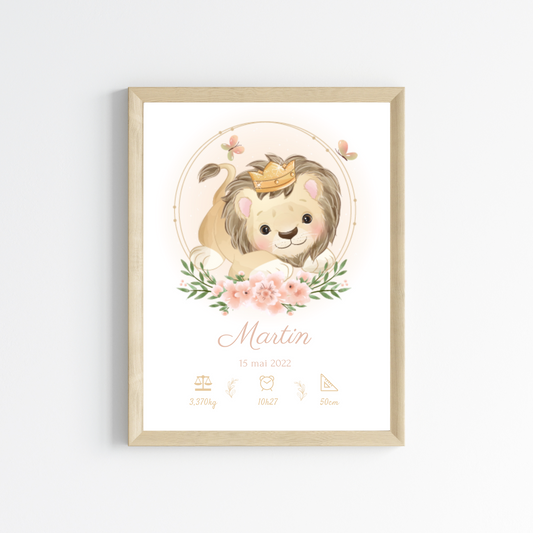 Affiche de naissance lion et fleurs - Cadeau de naissance personnalisé