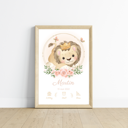 Affiche de naissance lion et fleurs - Cadeau de naissance personnalisé