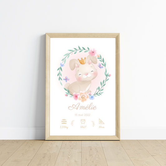 Affiche de naissance lapin - Cadeau de naissance personnalisé