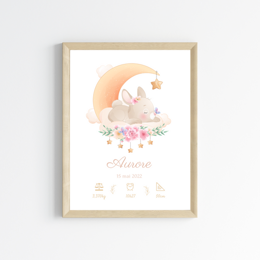 Affiche de naissance lapin - Cadeau de naissance personnalisé