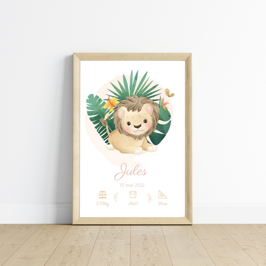 Affiche de naissance lion tropical - Cadeau de naissance personnalisé