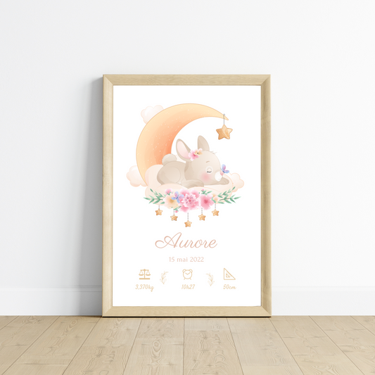 Affiche de naissance lapin - Cadeau de naissance personnalisé