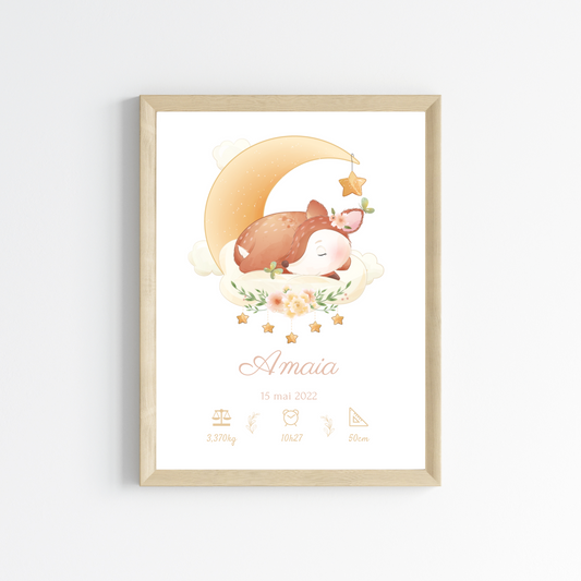 Affiche de naissance biche - Cadeau de naissance personnalisé