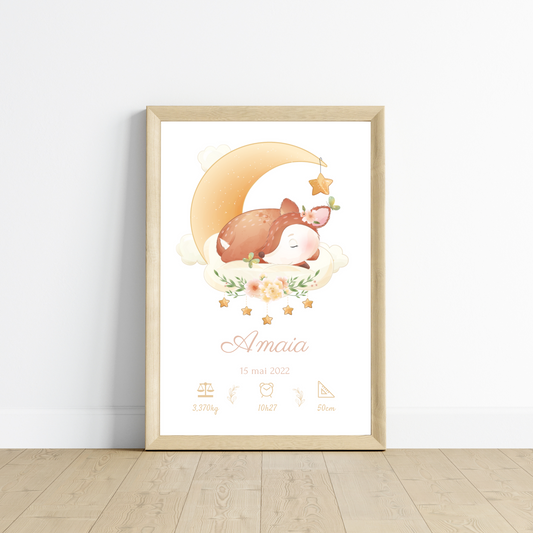Affiche de naissance biche - Cadeau de naissance personnalisé