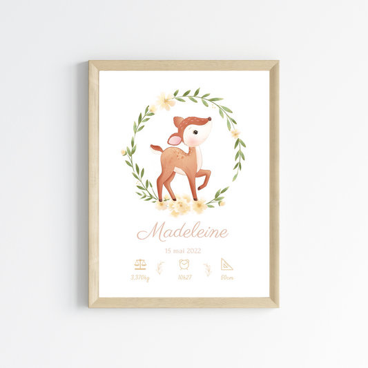 Affiche de naissance biche - Cadeau de naissance personnalisé