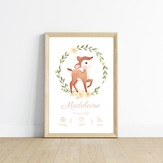 Affiche de naissance biche - Cadeau de naissance personnalisé