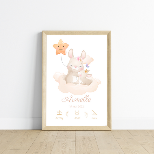 Affiche de naissance lapin - Cadeau de naissance personnalisé