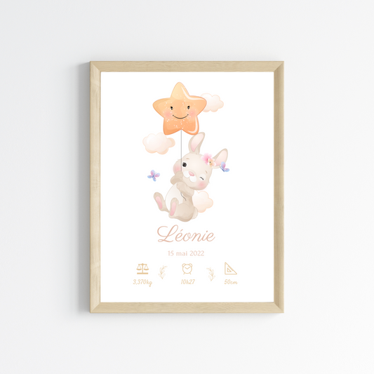 Affiche de naissance lapin - Cadeau de naissance personnalisé