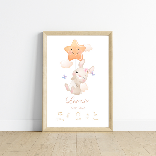 Affiche de naissance lapin - Cadeau de naissance personnalisé