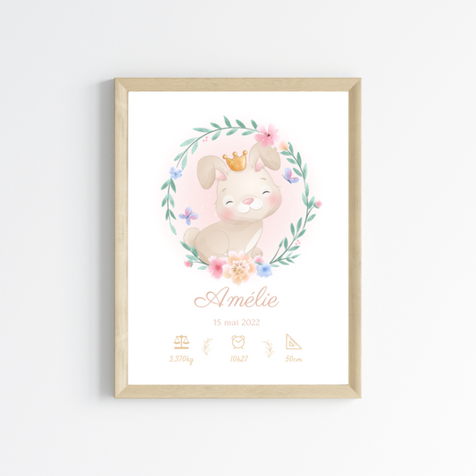 Affiche de naissance lapin - Cadeau de naissance personnalisé