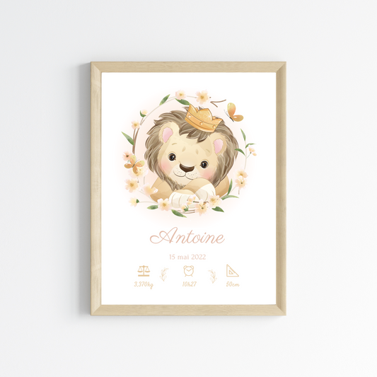 Affiche de naissance lion - Cadeau de naissance personnalisé