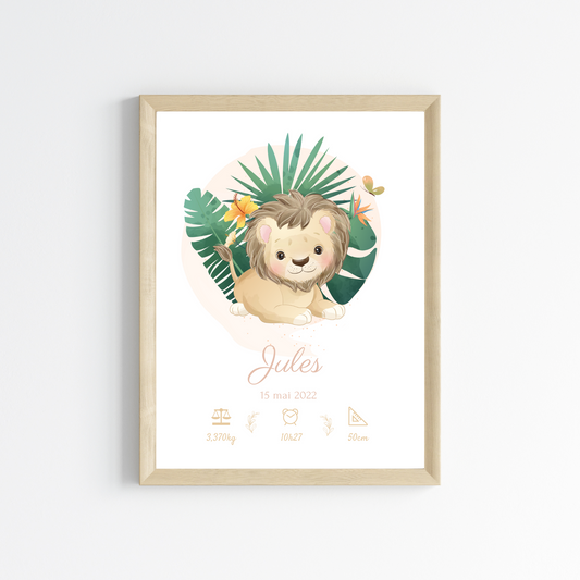 Affiche de naissance lion tropical - Cadeau de naissance personnalisé