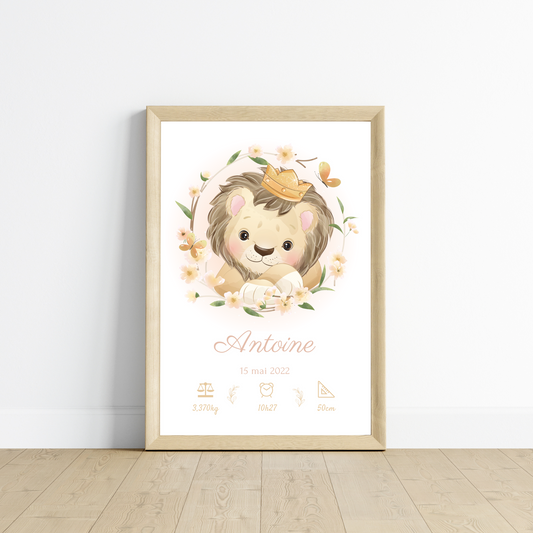 Affiche de naissance lion - Cadeau de naissance personnalisé