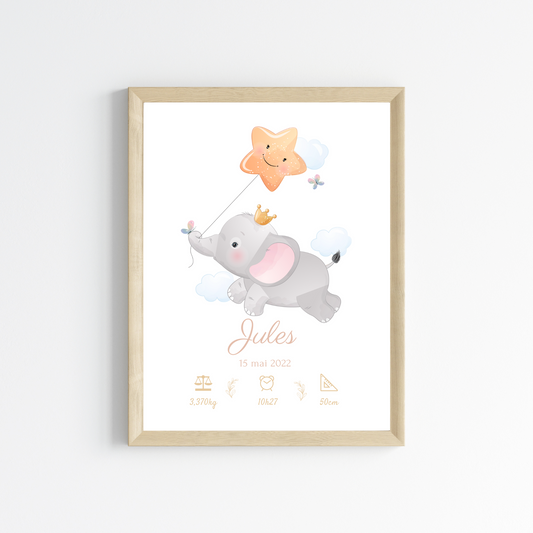 Affiche de naissance éléphant - Cadeau de naissance personnalisé
