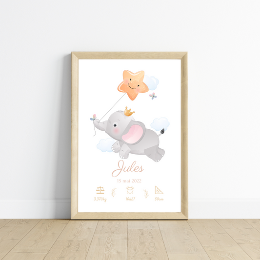 Affiche de naissance éléphant - Cadeau de naissance personnalisé