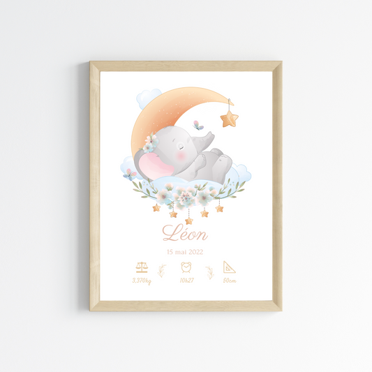 Affiche de naissance éléphant - Cadeau de naissance personnalisé