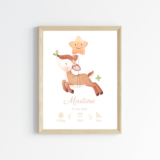 Affiche de naissance biche - Cadeau de naissance personnalisé