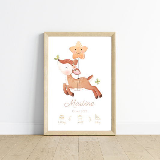 Affiche de naissance biche - Cadeau de naissance personnalisé
