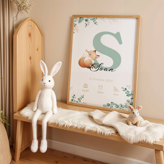 Affiche de naissance personnalisée prénom  initiale eucalyptus et renard - Cadeau de naissance personnalisé  par Le Temps des Paillettes