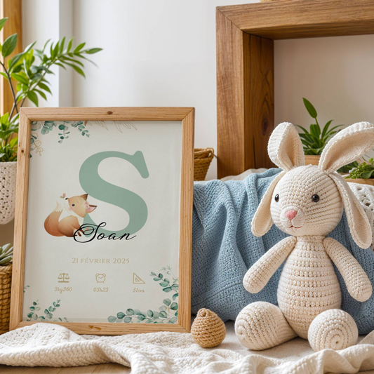 Affiche de naissance personnalisée prénom  initiale eucalyptus et renard - Cadeau de naissance personnalisé  par Le Temps des Paillettes