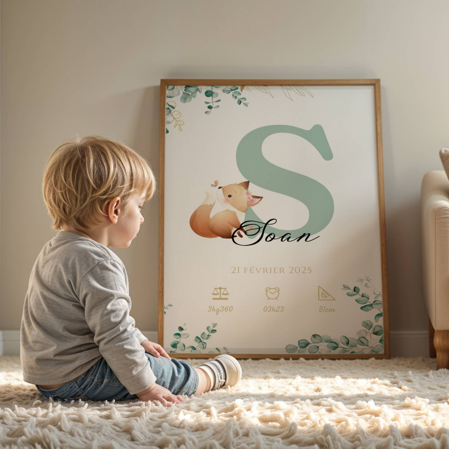 affiche prénom bébé personnalisée initiale renard style bohème eucalyptus doré