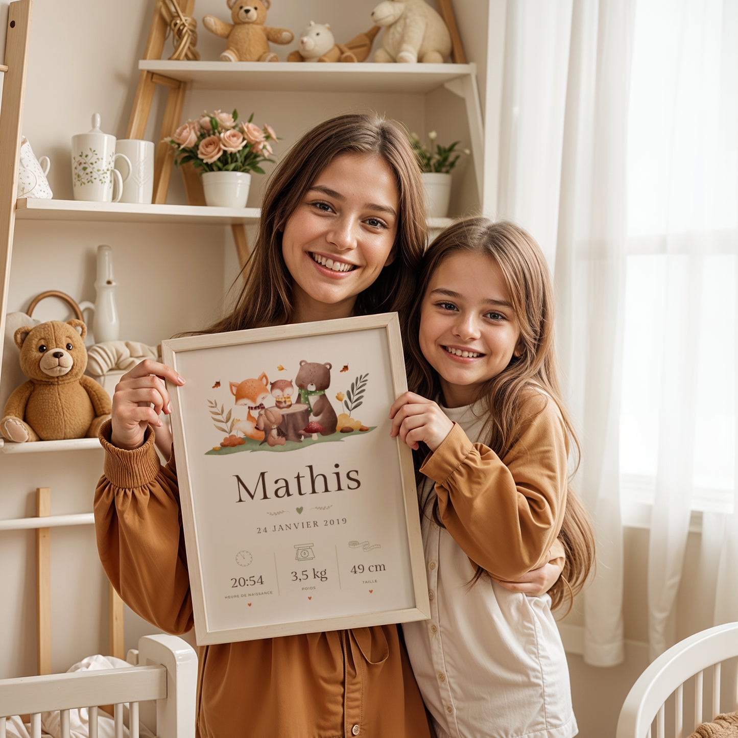 Illustration animaux forêt renard ours chouette lapin pour chambre bébé