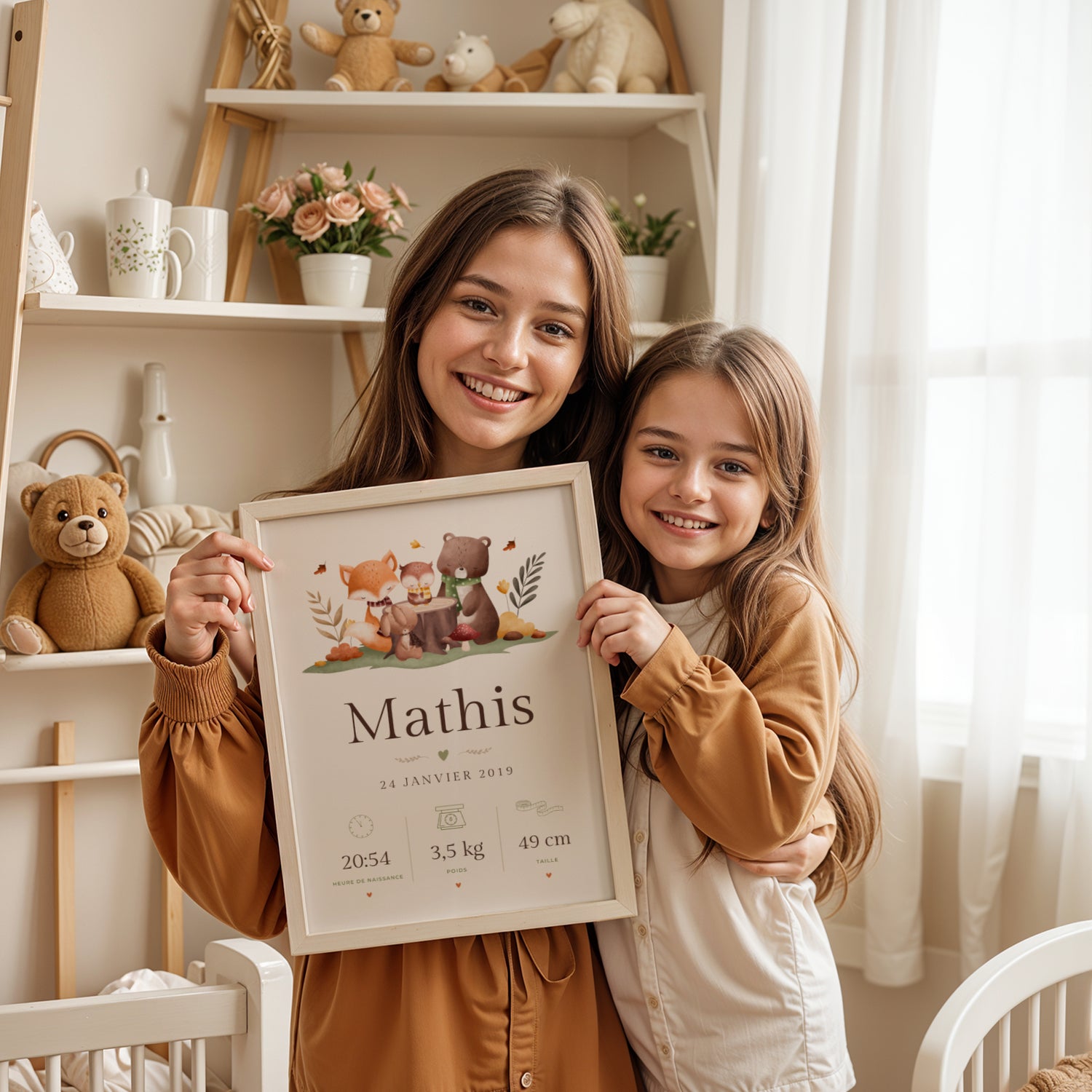 Illustration animaux forêt renard ours chouette lapin pour chambre bébé
